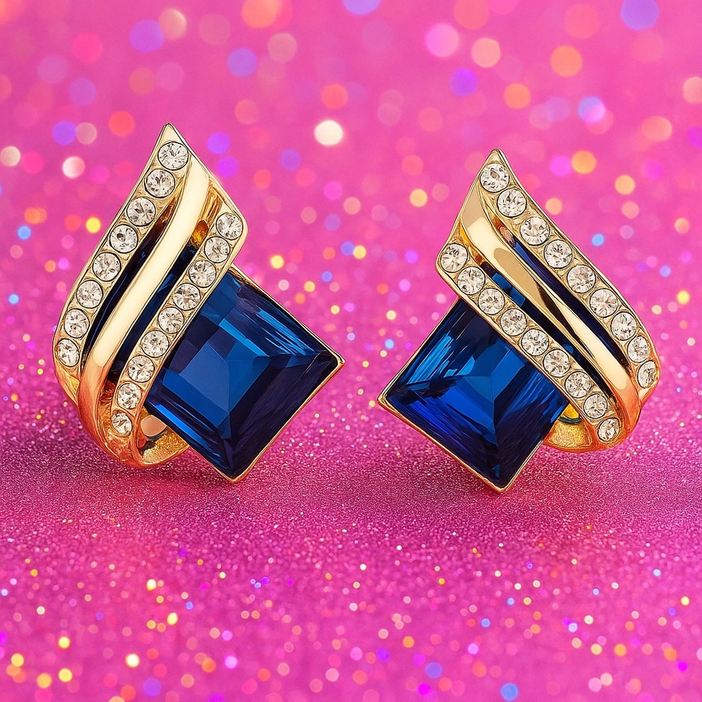 Modern Blue and Gold Geometric Earrings with Sapphire